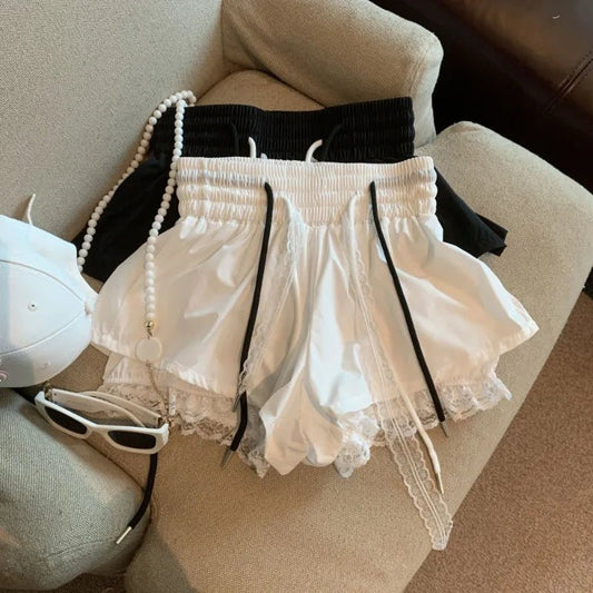 Women's Denim Shorts With Lace Splicing Detail Pockets With Belt Loops Urban Street Style - SN Wigs & More
