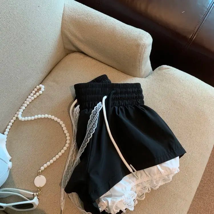 Women's Denim Shorts With Lace Splicing Detail Pockets With Belt Loops Urban Street Style - SN Wigs & More