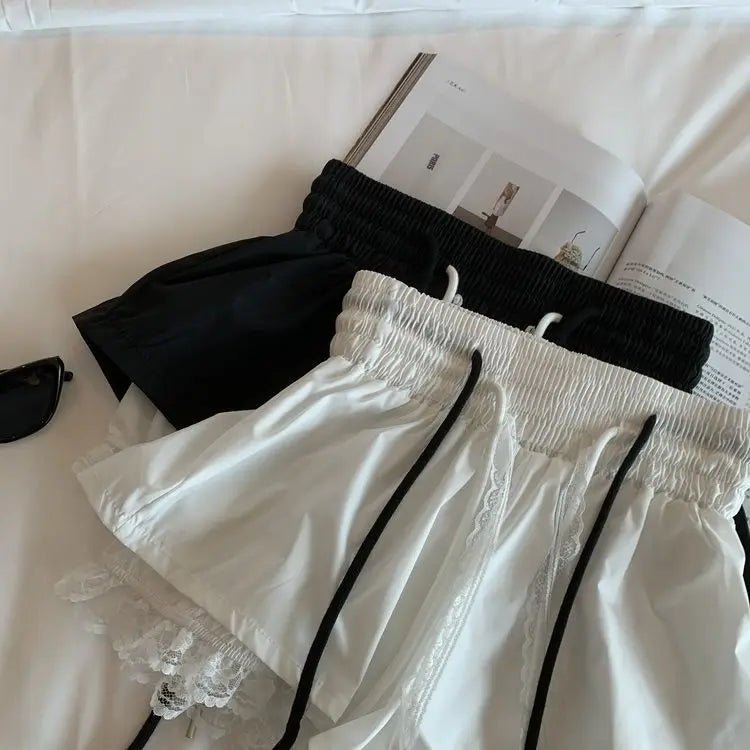 Women's Denim Shorts With Lace Splicing Detail Pockets With Belt Loops Urban Street Style - SN Wigs & More
