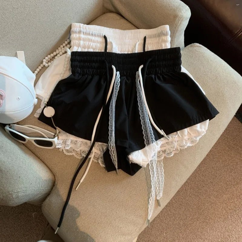Women's Denim Shorts With Lace Splicing Detail Pockets With Belt Loops Urban Street Style - SN Wigs & More
