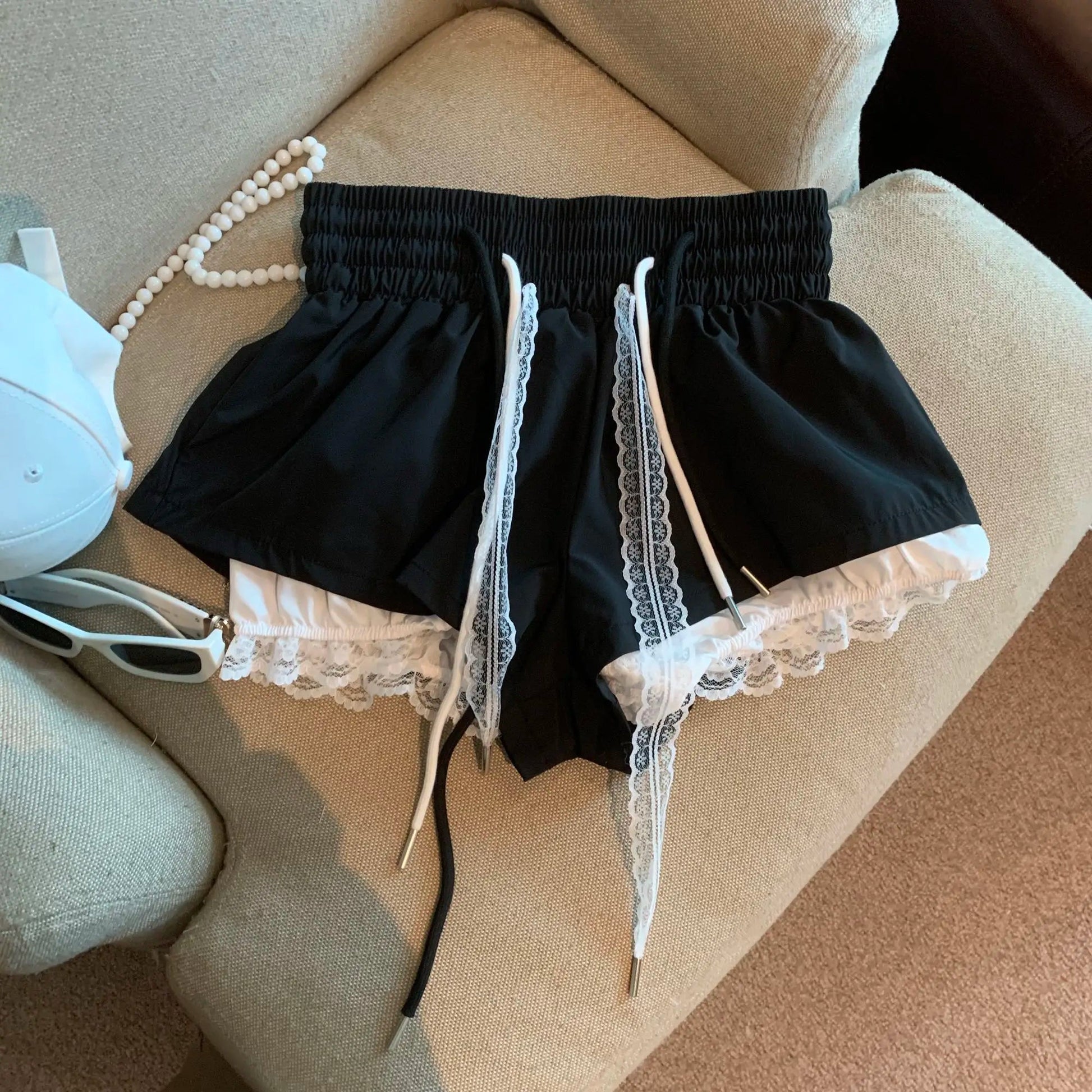 Women's Denim Shorts With Lace Splicing Detail Pockets With Belt Loops Urban Street Style - SN Wigs & More