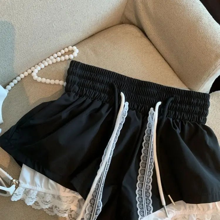 Women's Denim Shorts With Lace Splicing Detail Pockets With Belt Loops Urban Street Style - SN Wigs & More