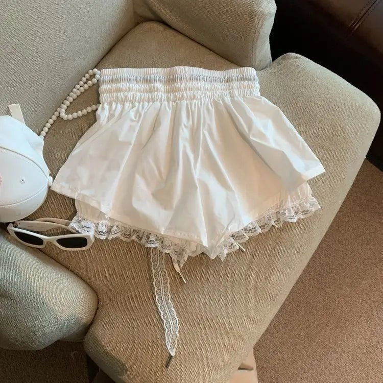 Women's Denim Shorts With Lace Splicing Detail Pockets With Belt Loops Urban Street Style - SN Wigs & More