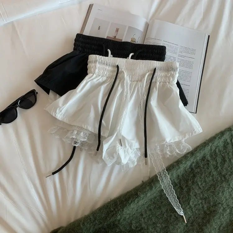 Women's Denim Shorts With Lace Splicing Detail Pockets With Belt Loops Urban Street Style - SN Wigs & More
