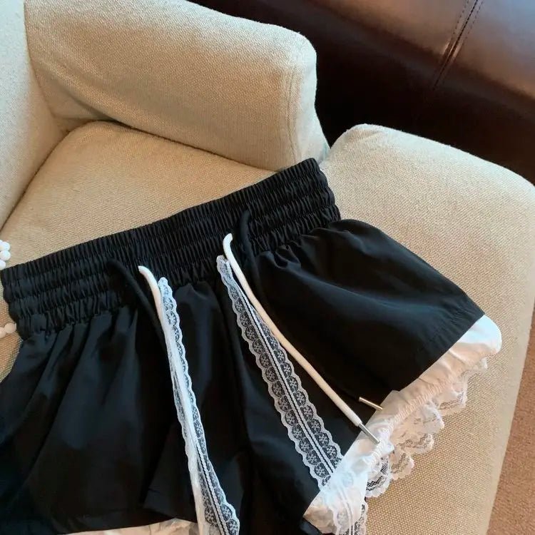 Women's Denim Shorts With Lace Splicing Detail Pockets With Belt Loops Urban Street Style - SN Wigs & More