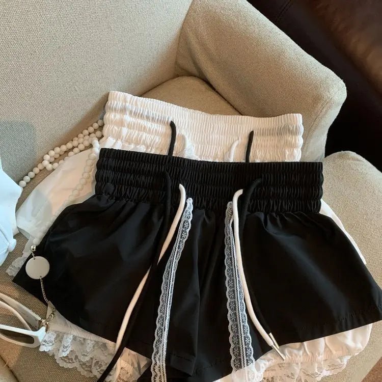 Women's Denim Shorts With Lace Splicing Detail Pockets With Belt Loops Urban Street Style - SN Wigs & More