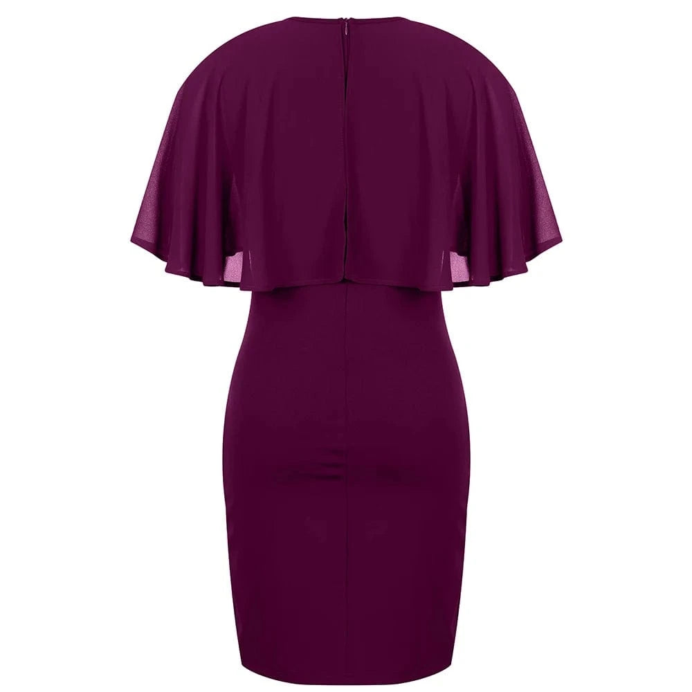 Womens Elegant Solid Ruffle Chiffon Cloak Sleeve Bodycon Knee Length Dress Ladies Evening Banquet Party Cocktail Ball Gown S-2XL