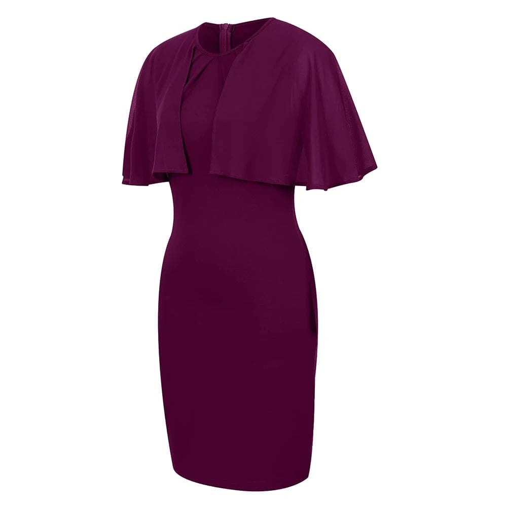 Womens Elegant Solid Ruffle Chiffon Cloak Sleeve Bodycon Knee Length Dress Ladies Evening Banquet Party Cocktail Ball Gown S-2XL