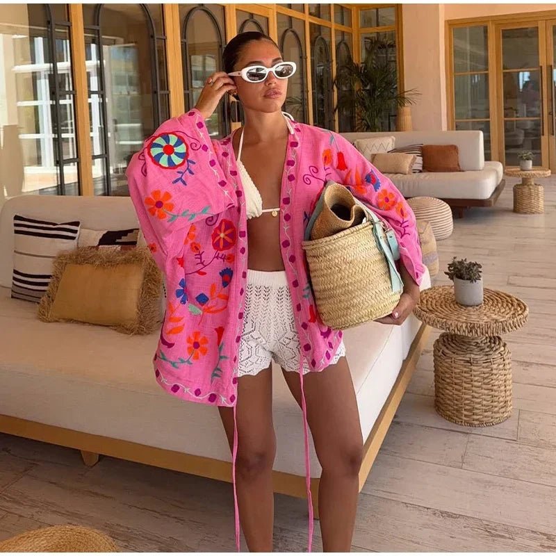 Women's Embroidered Print Jacket With V - Neck And Lace Up Details – Streetwear - SN Wigs & More