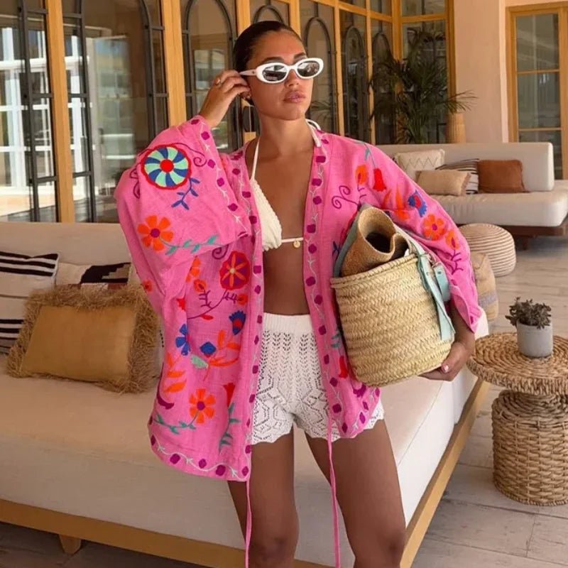 Women's Embroidered Print Jacket With V - Neck And Lace Up Details – Streetwear - SN Wigs & More