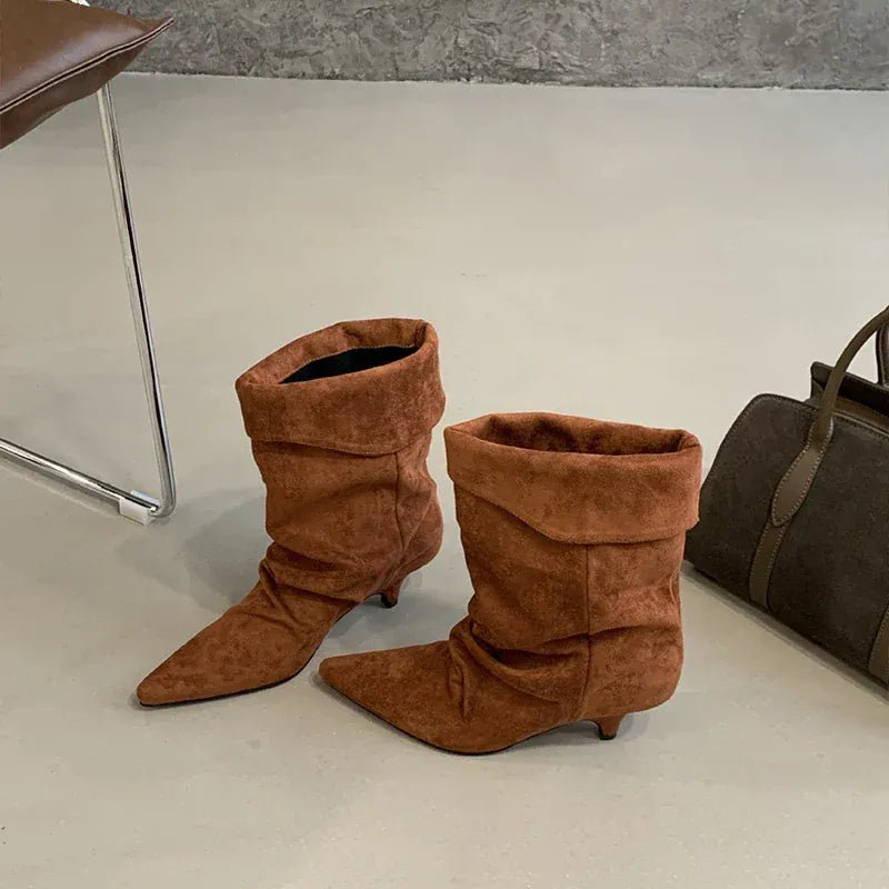 Women's Frosted Low - heeled Boots Fashion Retro Brand Short Boots Pointed Stiletto Boots Pleated Ankle Boot Folded Hem Short Boot - SN Wigs & More