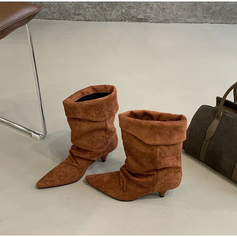 Women's Frosted Low - heeled Boots Fashion Retro Brand Short Boots Pointed Stiletto Boots Pleated Ankle Boot Folded Hem Short Boot - SN Wigs & More