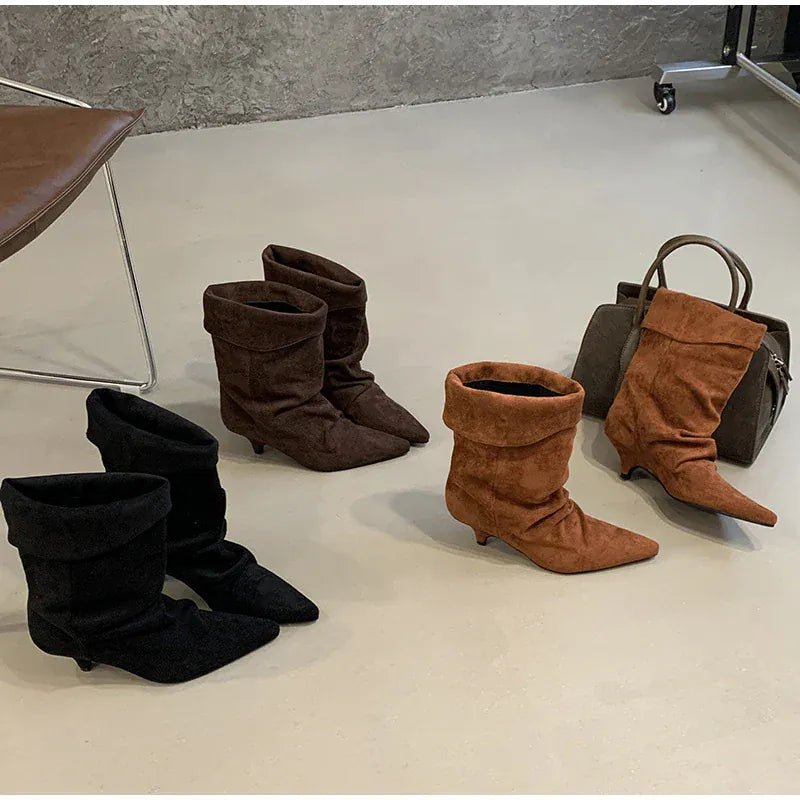 Women's Frosted Low - heeled Boots Fashion Retro Brand Short Boots Pointed Stiletto Boots Pleated Ankle Boot Folded Hem Short Boot - SN Wigs & More