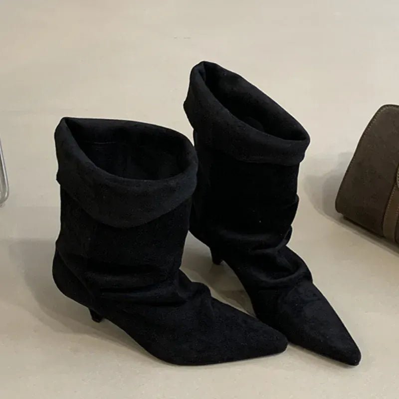 Women's Frosted Low - heeled Boots Fashion Retro Brand Short Boots Pointed Stiletto Boots Pleated Ankle Boot Folded Hem Short Boot - SN Wigs & More