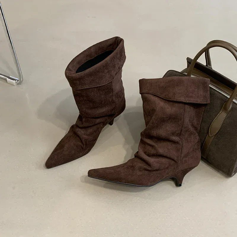Women's Frosted Low - heeled Boots Fashion Retro Brand Short Boots Pointed Stiletto Boots Pleated Ankle Boot Folded Hem Short Boot - SN Wigs & More