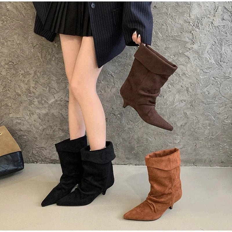 Women's Frosted Low - heeled Boots Fashion Retro Brand Short Boots Pointed Stiletto Boots Pleated Ankle Boot Folded Hem Short Boot - SN Wigs & More