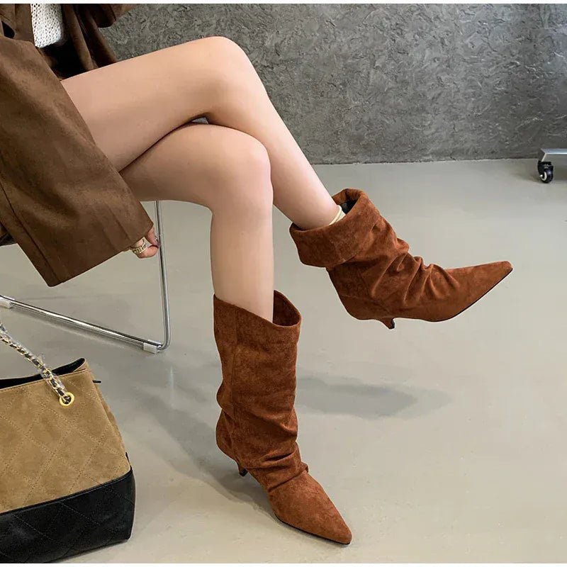 Women's Frosted Low - heeled Boots Fashion Retro Brand Short Boots Pointed Stiletto Boots Pleated Ankle Boot Folded Hem Short Boot - SN Wigs & More