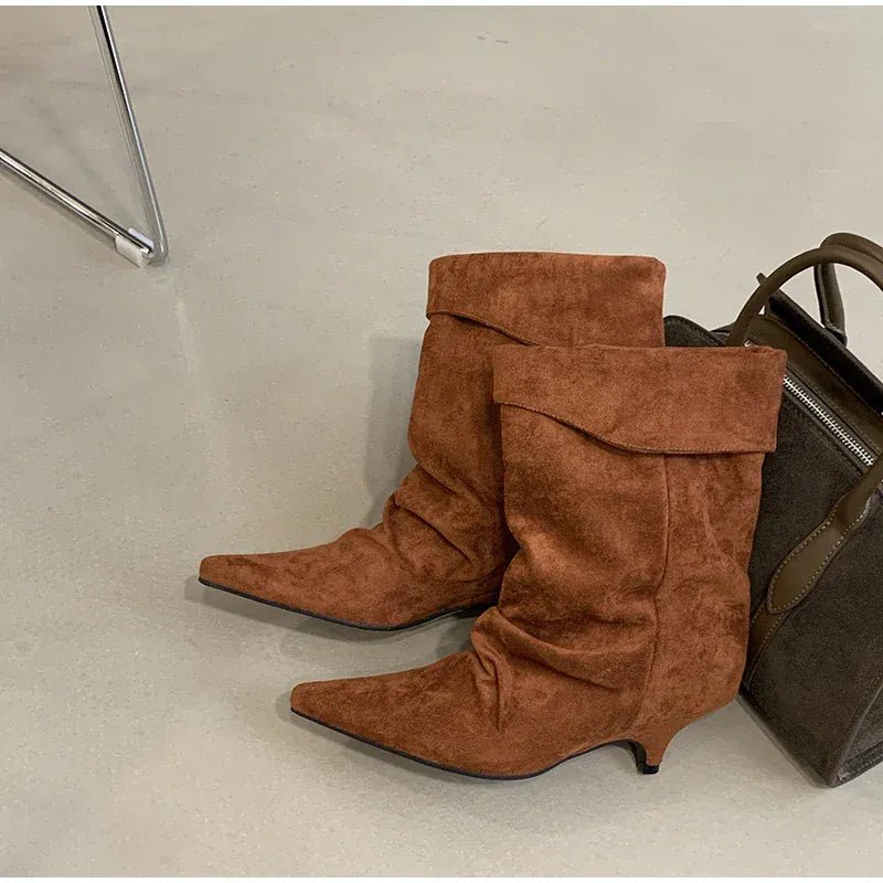 Women's Frosted Low - heeled Boots Fashion Retro Brand Short Boots Pointed Stiletto Boots Pleated Ankle Boot Folded Hem Short Boot - SN Wigs & More