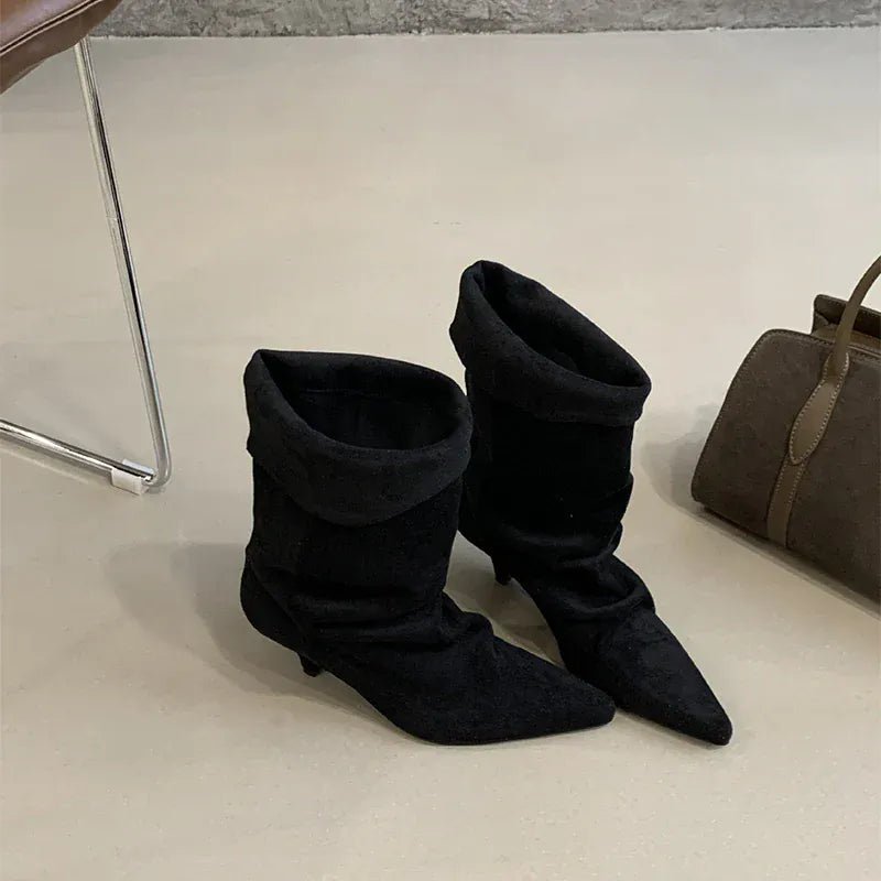 Women's Frosted Low - heeled Boots Fashion Retro Brand Short Boots Pointed Stiletto Boots Pleated Ankle Boot Folded Hem Short Boot - SN Wigs & More