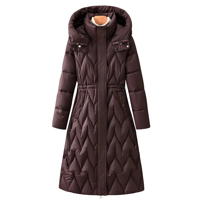 Women's Hooded Long Parka Coat Single Breasted Stand Collar Casual Winter Office Style - SN Wigs & More
