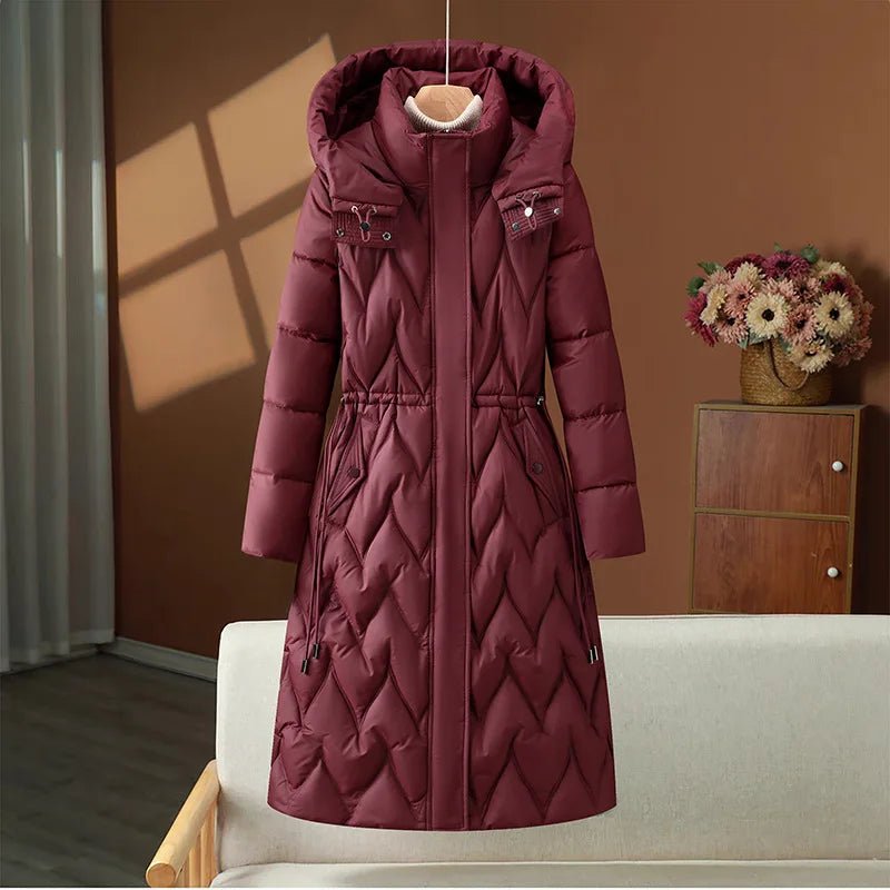 Women's Hooded Long Parka Coat Single Breasted Stand Collar Casual Winter Office Style - SN Wigs & More