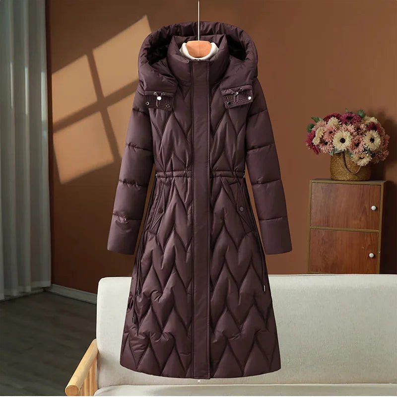 Women's Hooded Long Parka Coat Single Breasted Stand Collar Casual Winter Office Style - SN Wigs & More