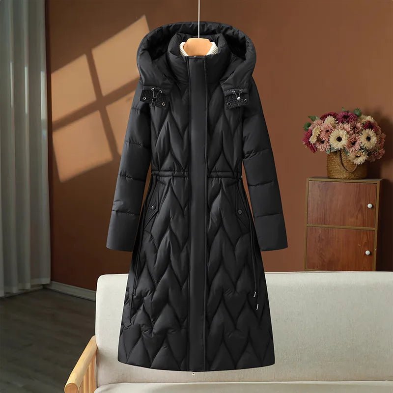 Women's Hooded Long Parka Coat Single Breasted Stand Collar Casual Winter Office Style - SN Wigs & More