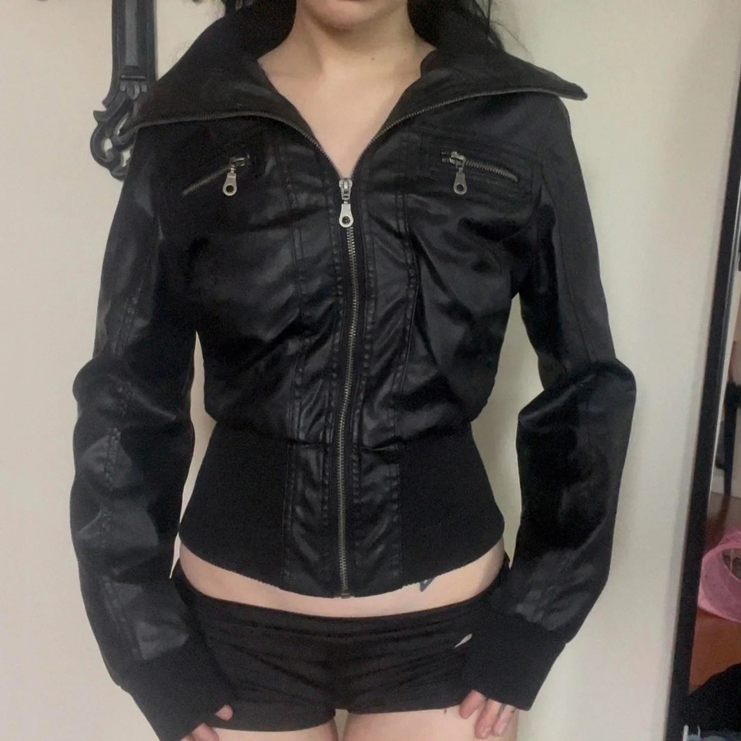 Women's Jacket Faux Leather Short Coat With Zipper Pockets Autumn Streetwear Slim Fit - SN Wigs & More