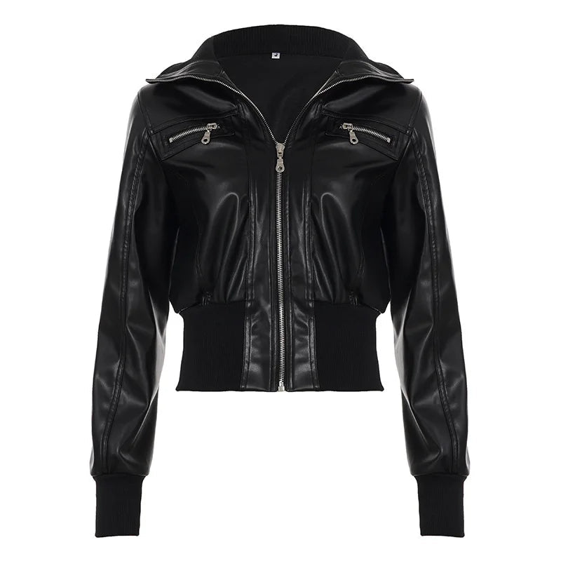 Women's Jacket Faux Leather Short Coat With Zipper Pockets Autumn Streetwear Slim Fit - SN Wigs & More