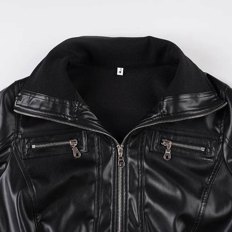 Women's Jacket Faux Leather Short Coat With Zipper Pockets Autumn Streetwear Slim Fit - SN Wigs & More