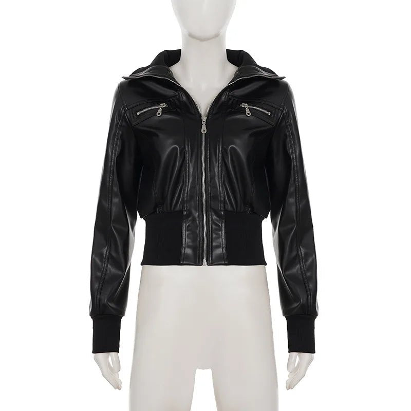 Women's Jacket Faux Leather Short Coat With Zipper Pockets Autumn Streetwear Slim Fit - SN Wigs & More