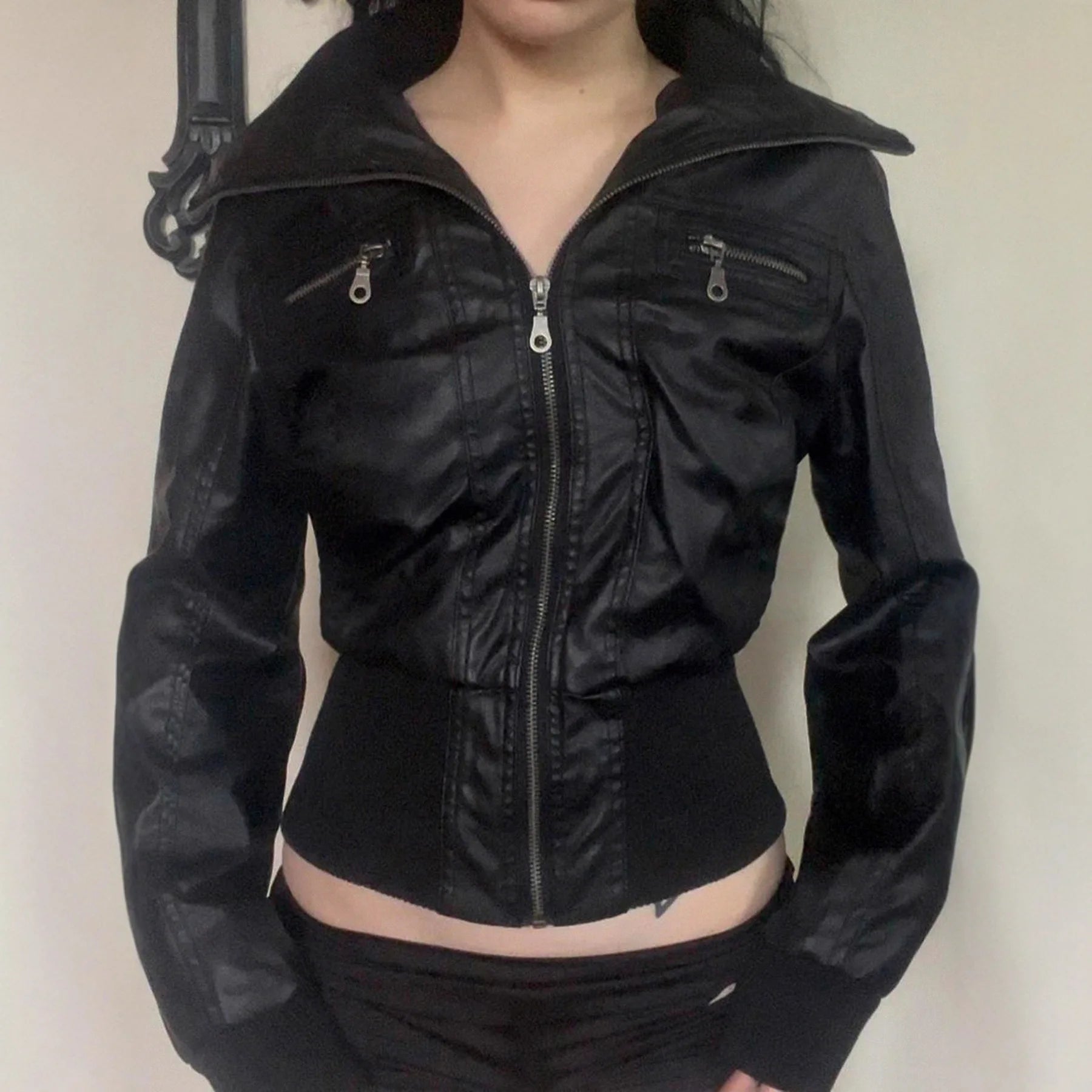 Women's Jacket Faux Leather Short Coat With Zipper Pockets Autumn Streetwear Slim Fit - SN Wigs & More