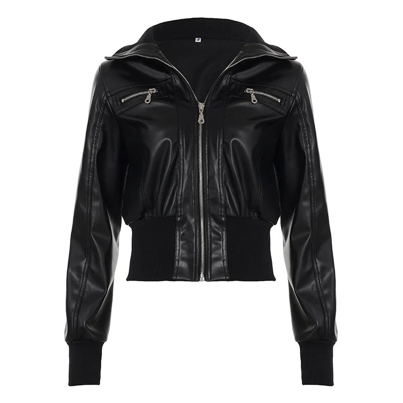 Women's Jacket Faux Leather Short Coat With Zipper Pockets Autumn Streetwear Slim Fit - SN Wigs & More