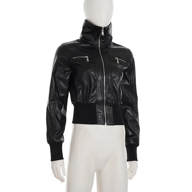 Women's Jacket Faux Leather Short Coat With Zipper Pockets Autumn Streetwear Slim Fit - SN Wigs & More