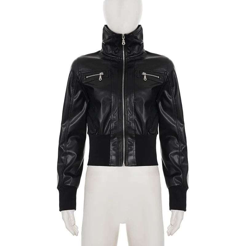 Women's Jacket Faux Leather Short Coat With Zipper Pockets Autumn Streetwear Slim Fit - SN Wigs & More