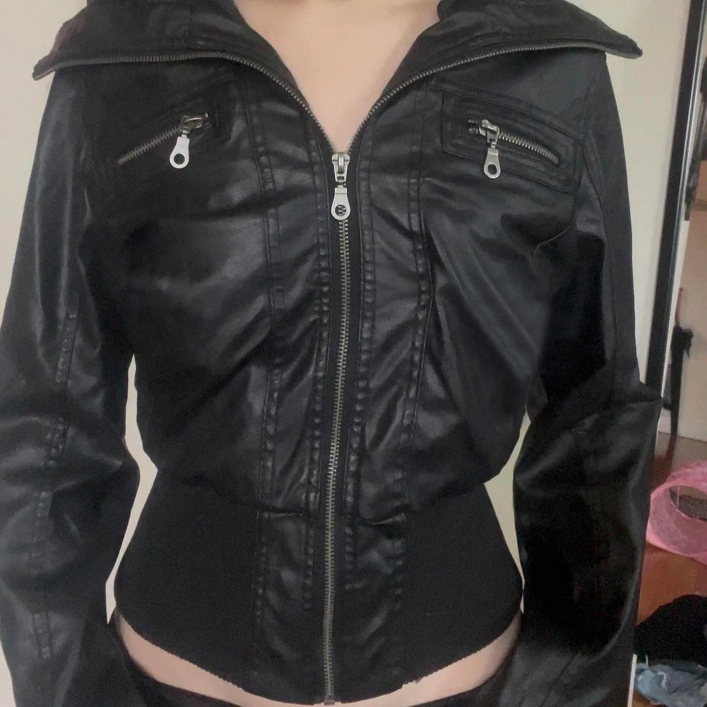 Women's Jacket Faux Leather Short Coat With Zipper Pockets Autumn Streetwear Slim Fit - SN Wigs & More