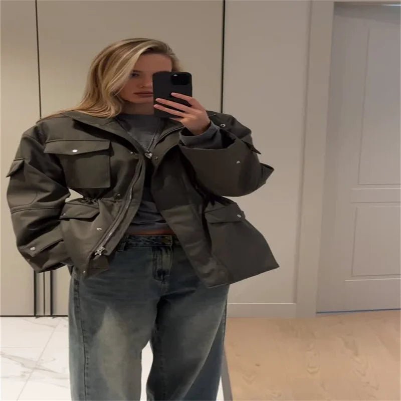 Women's Jacket With Vintage Lapel Zipper And Large Pockets Oversized Casual Spring Ready - SN Wigs & More