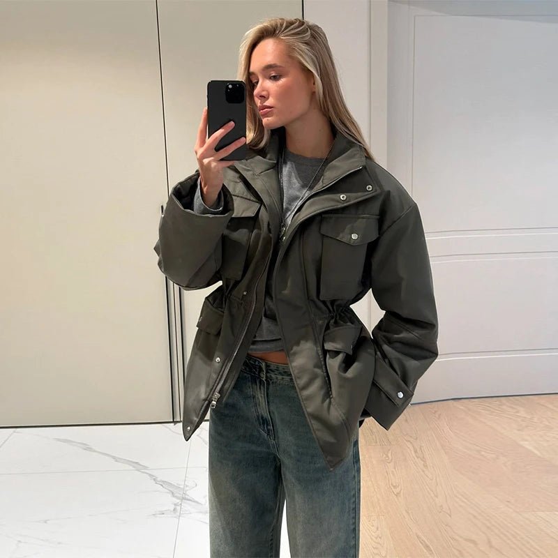Women's Jacket With Vintage Lapel Zipper And Large Pockets Oversized Casual Spring Ready - SN Wigs & More