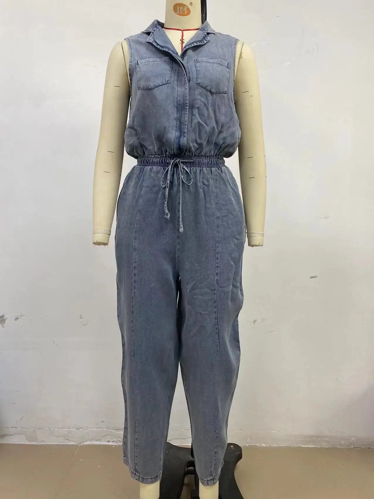 Women's Jumpsuits + Sleeveless Denim Jumpsuit With Pockets And Drawstring + Casual Style - SN Wigs & More