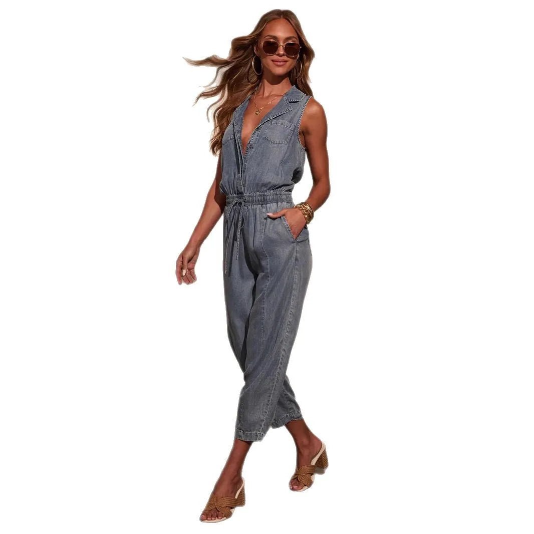 Women's Jumpsuits + Sleeveless Denim Jumpsuit With Pockets And Drawstring + Casual Style - SN Wigs & More