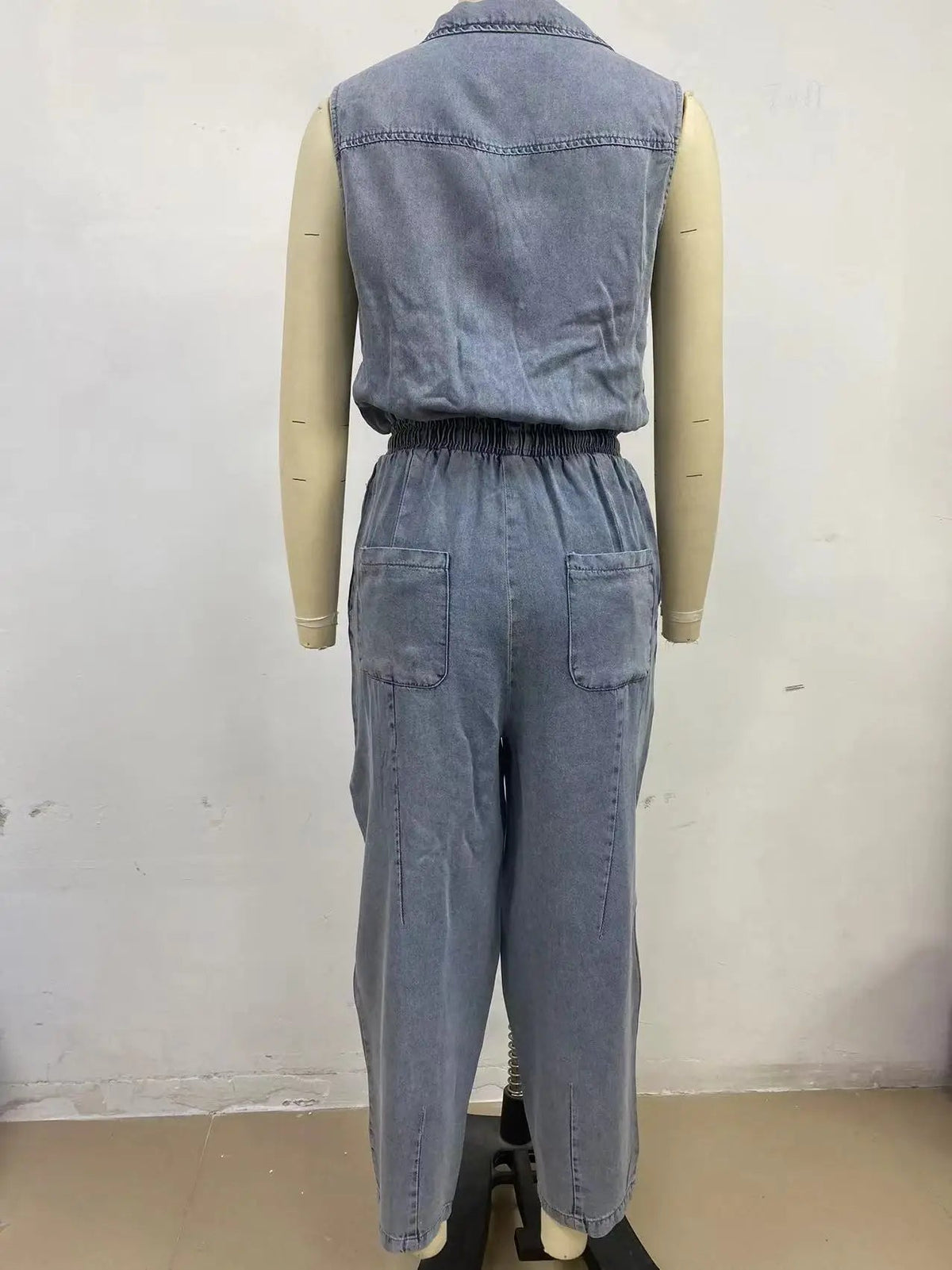 Women's Jumpsuits + Sleeveless Denim Jumpsuit With Pockets And Drawstring + Casual Style - SN Wigs & More