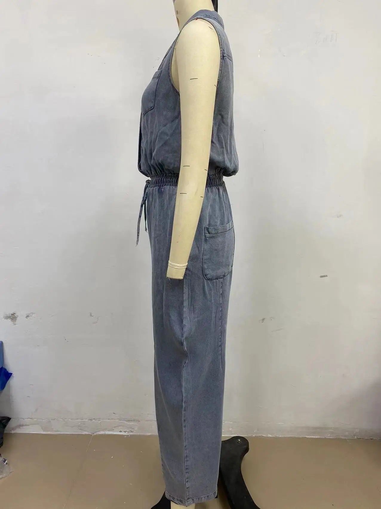 Women's Jumpsuits + Sleeveless Denim Jumpsuit With Pockets And Drawstring + Casual Style - SN Wigs & More