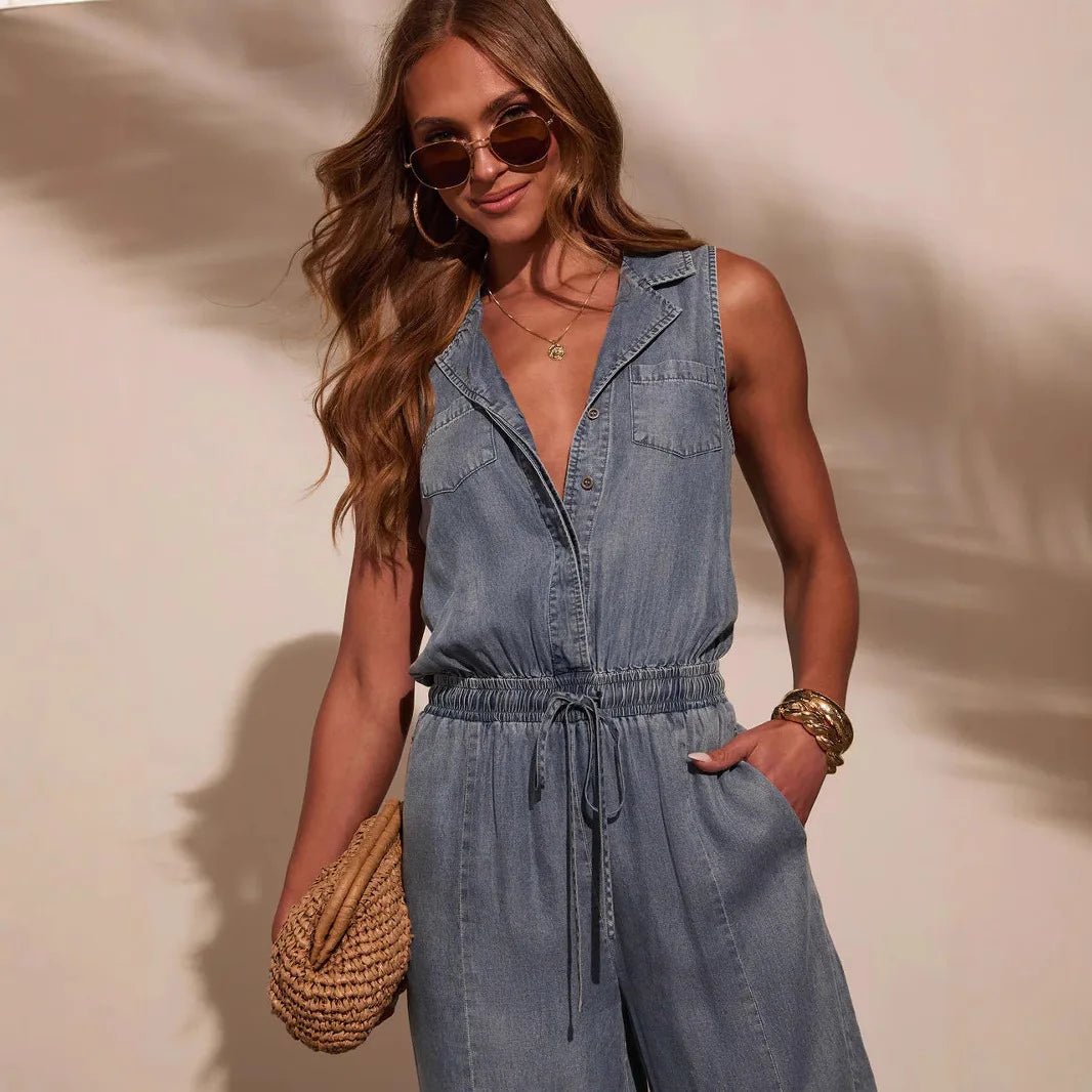 Women's Jumpsuits + Sleeveless Denim Jumpsuit With Pockets And Drawstring + Casual Style - SN Wigs & More