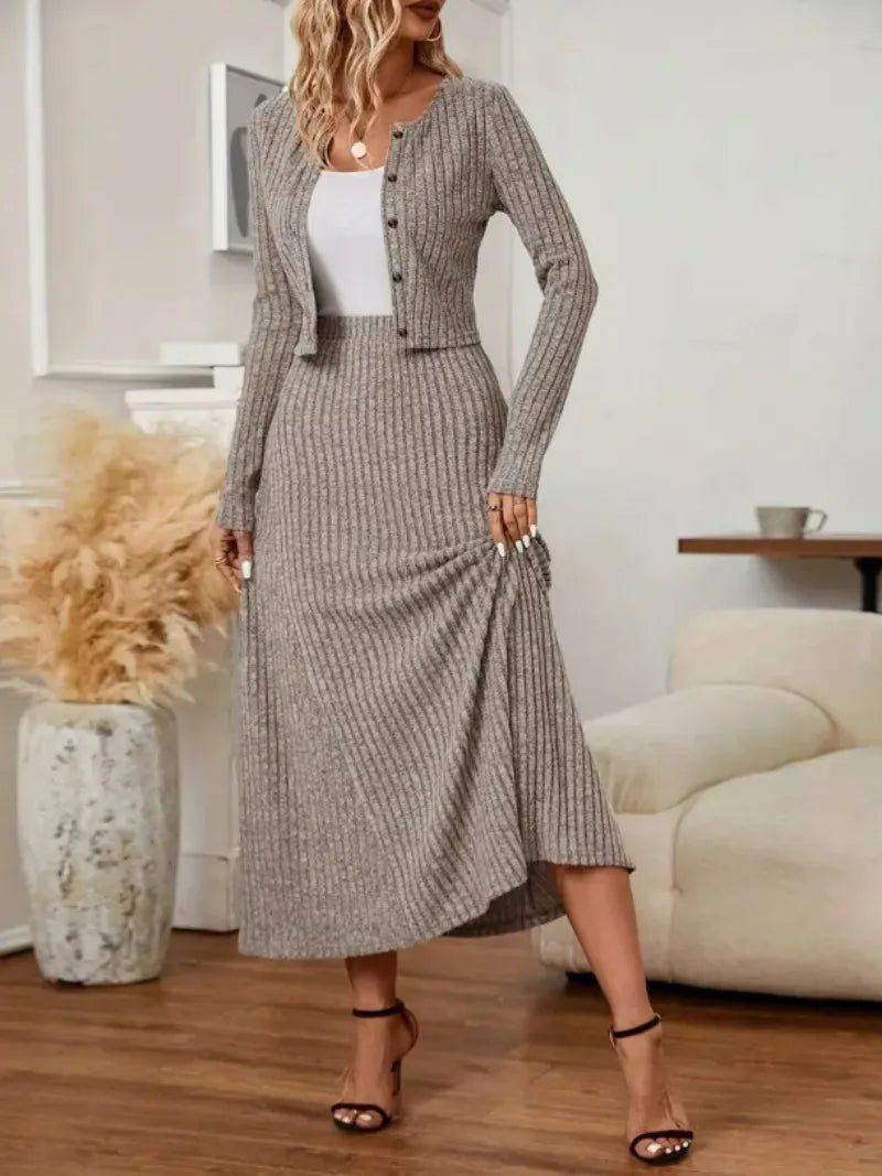 Women's Knit Dress Set - Two - Piece Cardigan And Skirt, Elegant Style - SN Wigs & More