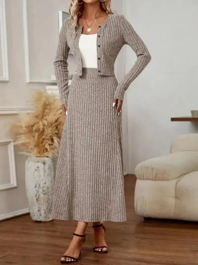 Women's Knit Dress Set - Two - Piece Cardigan And Skirt, Elegant Style - SN Wigs & More
