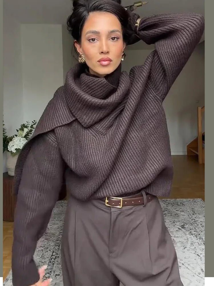Women’s Knit Sweater With Scarf Collar Thick Knit For Winter Casual Everyday Style - SN Wigs & More