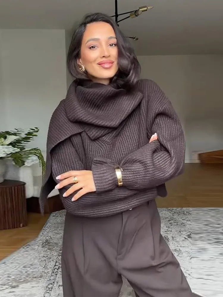 Women’s Knit Sweater With Scarf Collar Thick Knit For Winter Casual Everyday Style - SN Wigs & More