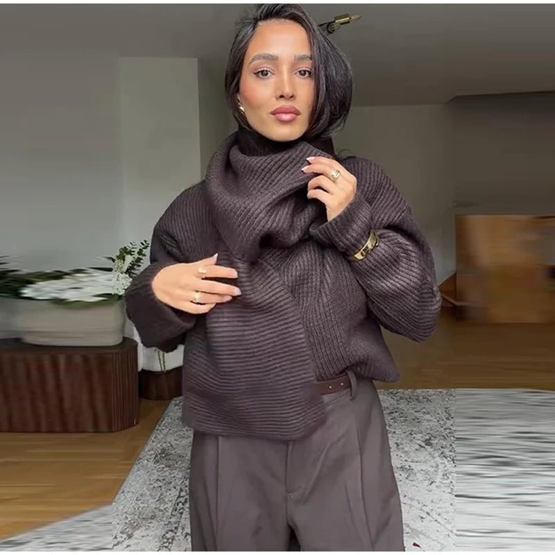 Women’s Knit Sweater With Scarf Collar Thick Knit For Winter Casual Everyday Style - SN Wigs & More