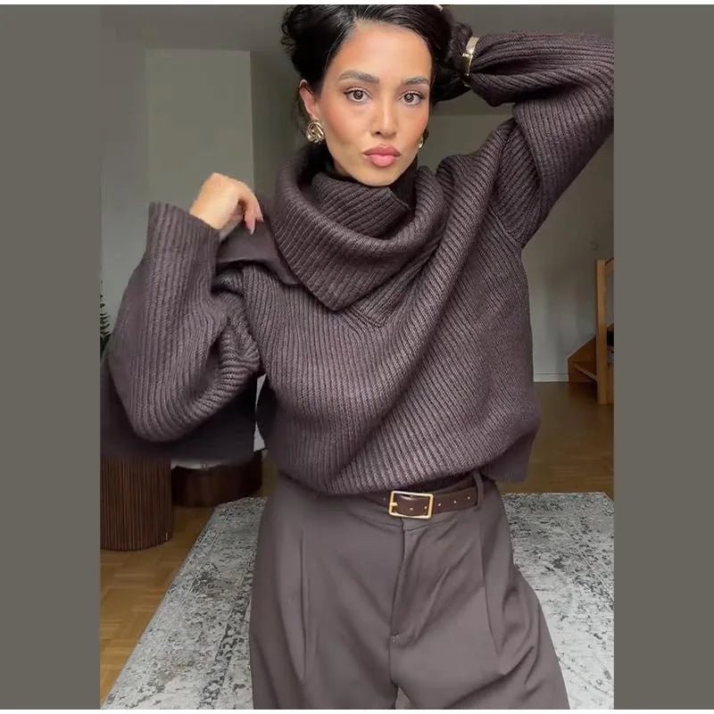 Women’s Knit Sweater With Scarf Collar Thick Knit For Winter Casual Everyday Style - SN Wigs & More