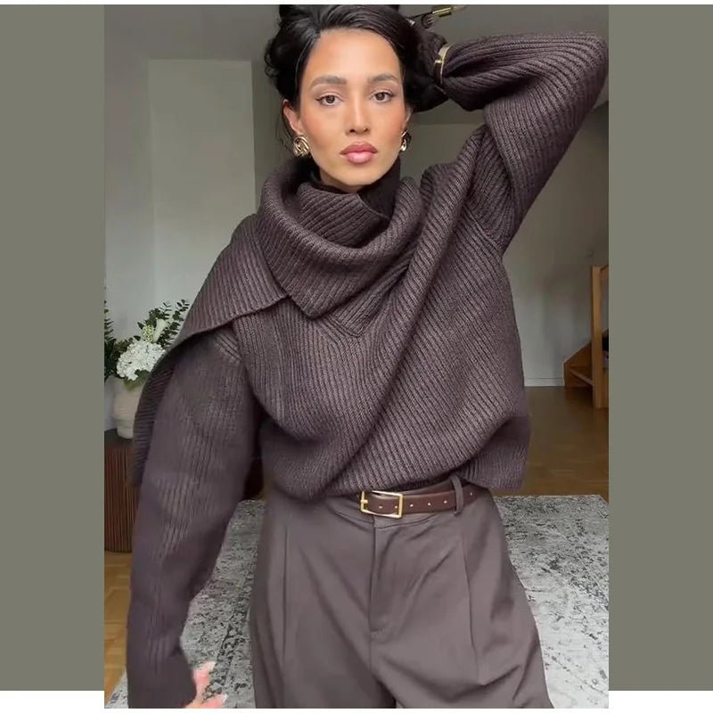 Women’s Knit Sweater With Scarf Collar Thick Knit For Winter Casual Everyday Style - SN Wigs & More